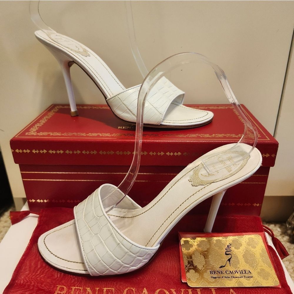 Rene Caovilla White Croc Leather Heeled Mules Sz. 8/38 Ret.$1200 NEW SOLES!